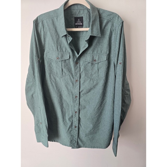 Prana Mens Large Button Down Shirt Long Sleeve Hiking Travel Green‎ Size L - Picture 2 of 10